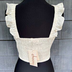 Choosy White Halter Top Cropped Ruffled Elastic Straps Button Down Medium NWT